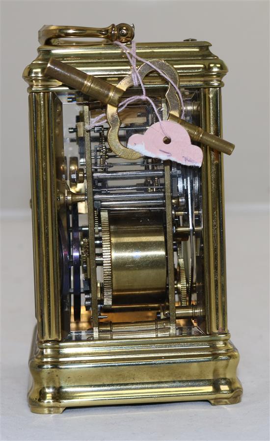 A Drocourt & Cie hour repeating brass alarum quarter repeating carriage clock, 5.75in.